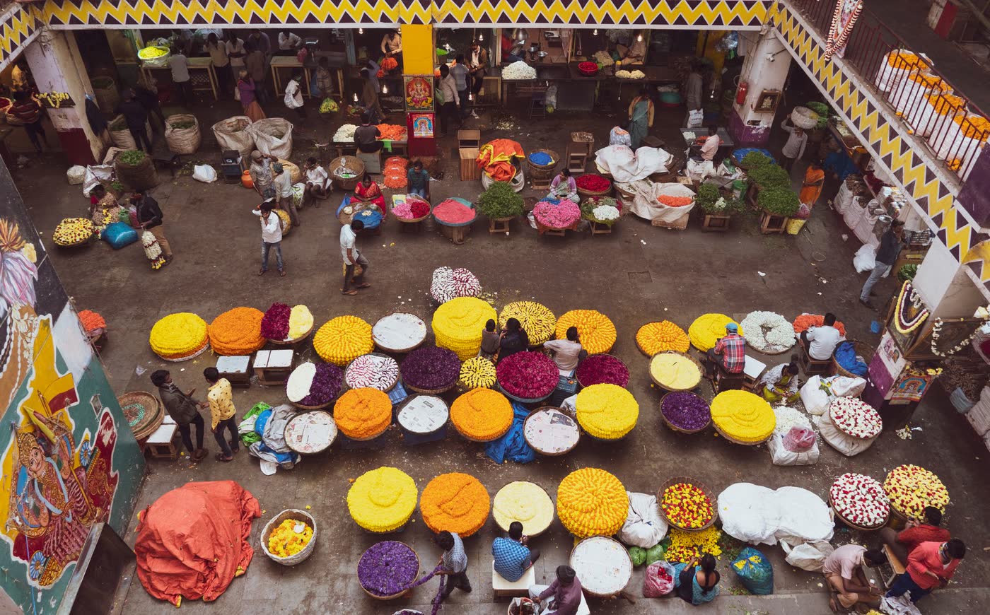 A flower market seen from above